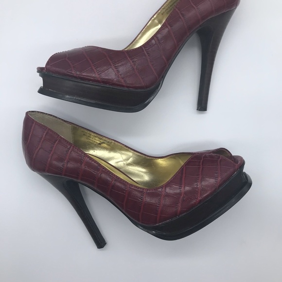 Colin Stuart Red Platform Heels Peep Toe Women 8.5 Leather Reptile Snake Print - Picture 1 of 8